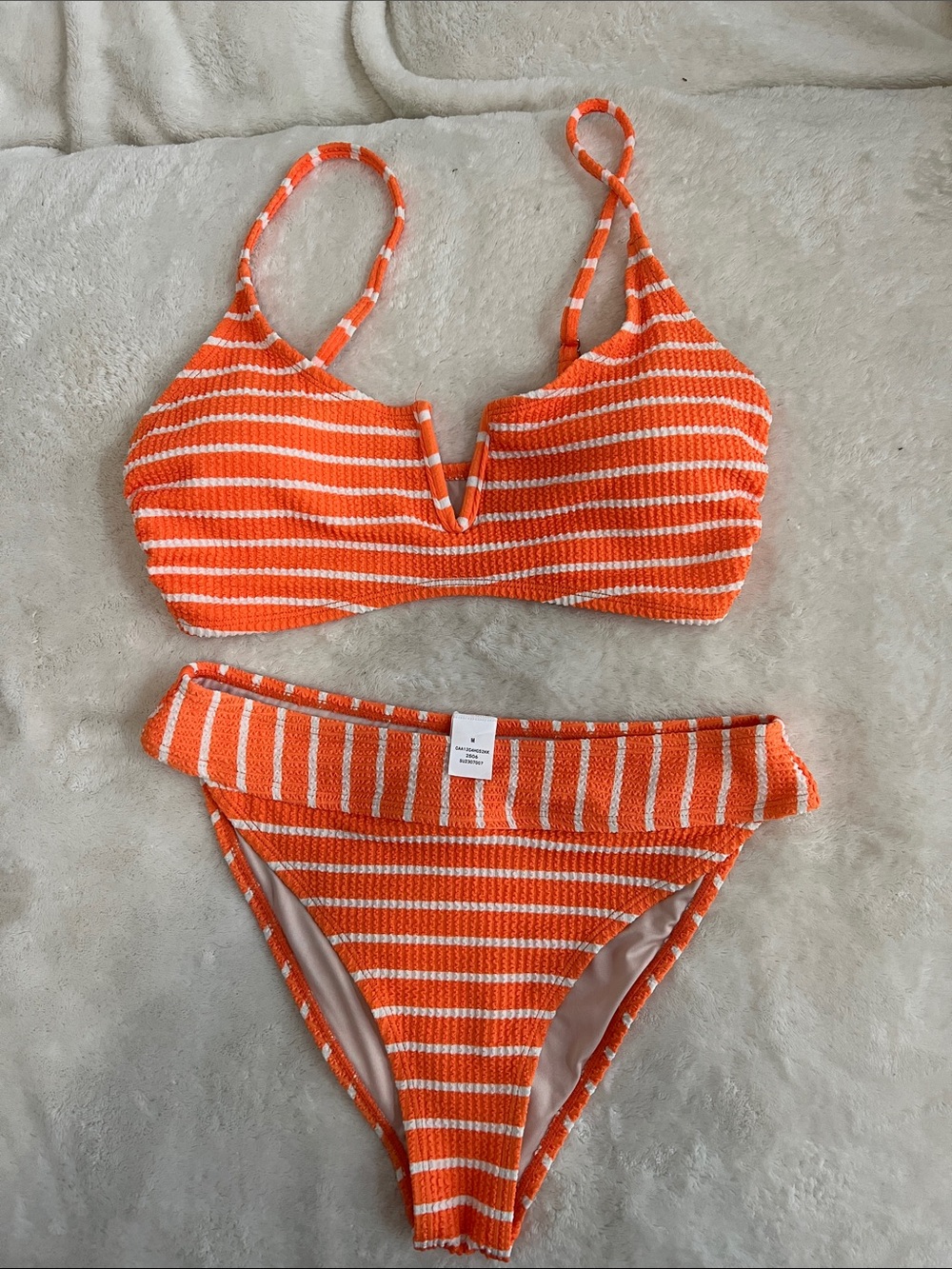 Womens Orange Striped Two-Piece Swim Set